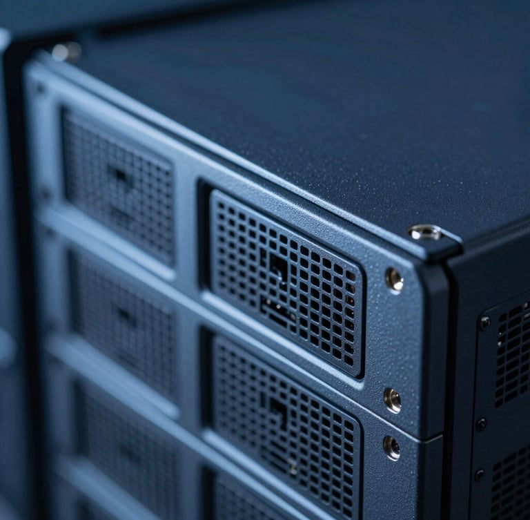 Macro shot of high-end server hardware, cool-toned blue and slate lighting, crisp depth of field, 35mm lens.