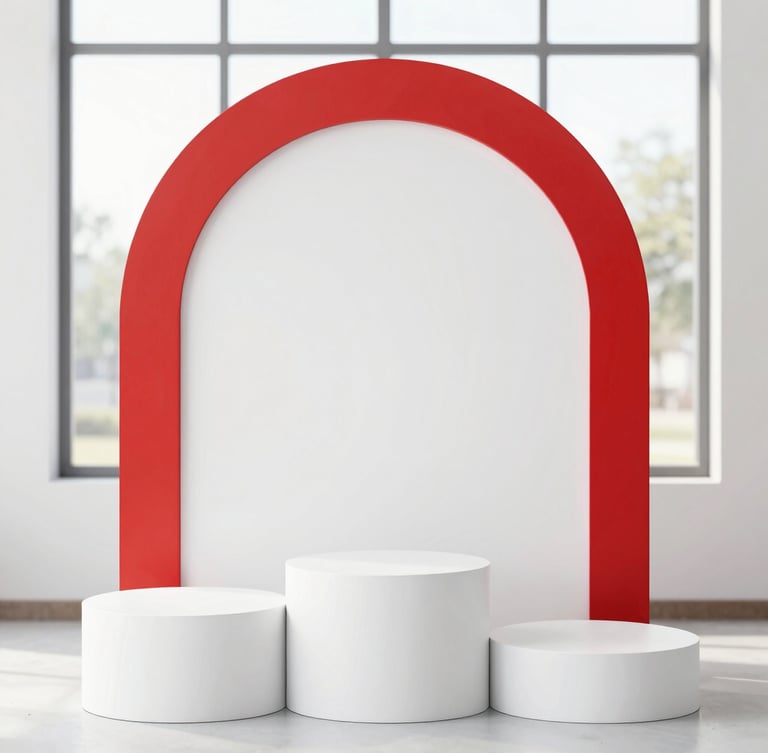 Straight-on eye-level shot of a modern white arch backdrop paired with three white cylindrical plinths of varying heights, bright natural indoor lighting, 35mm.