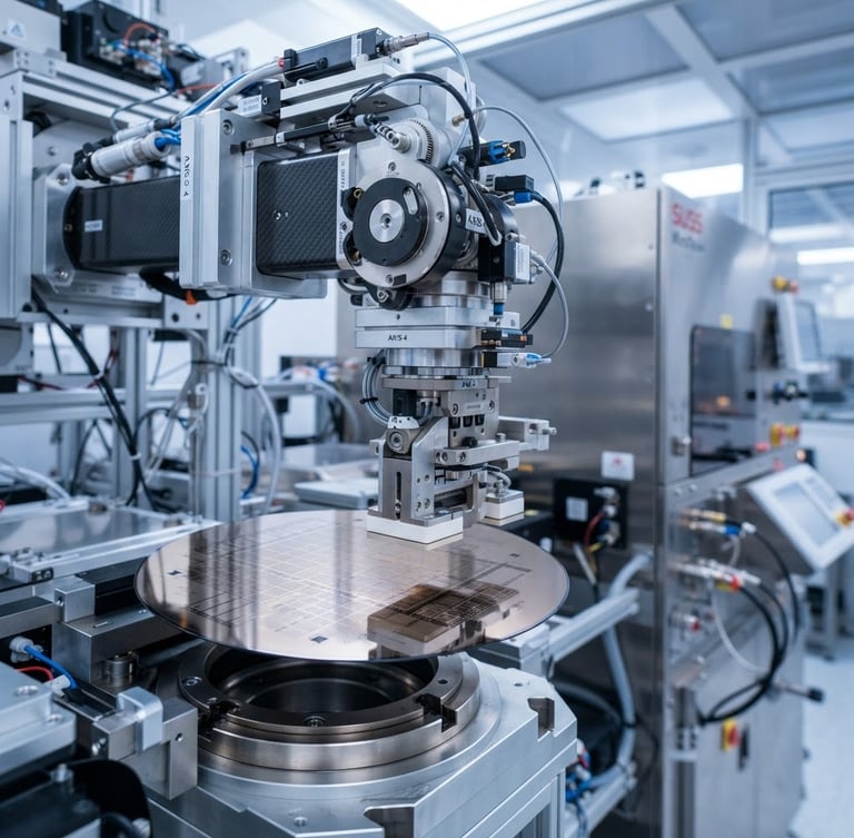 Close-up of a high-precision automated robotic arm positioning a silicon wafer under cool cleanroom lighting, sharp focus, 50mm lens