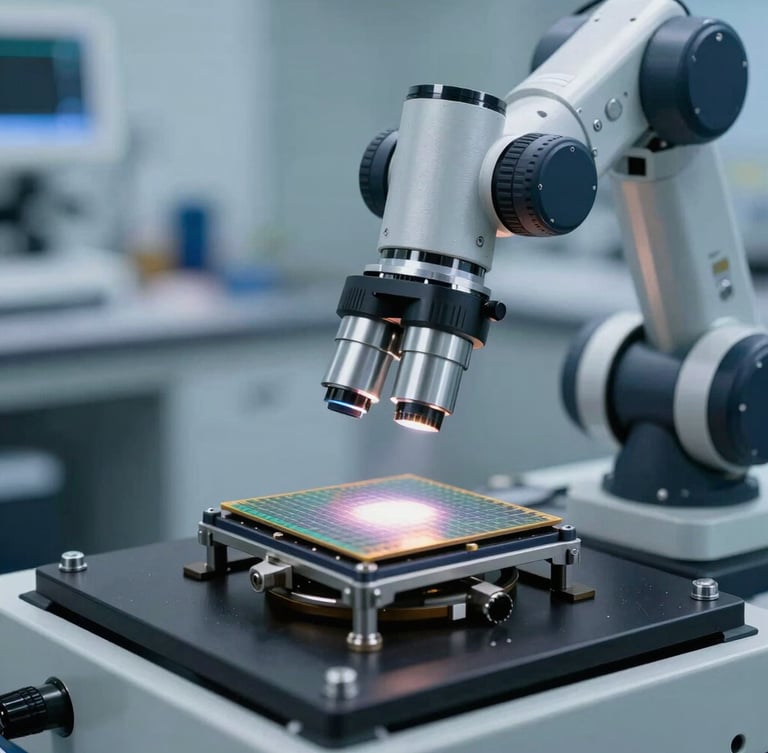 Close-up of a materials testing laboratory, a robotic arm positioning a silicon wafer under a high-magnification optical lens, crisp cool-toned industrial lighting, sharp focus, high contrast, 50mm lens