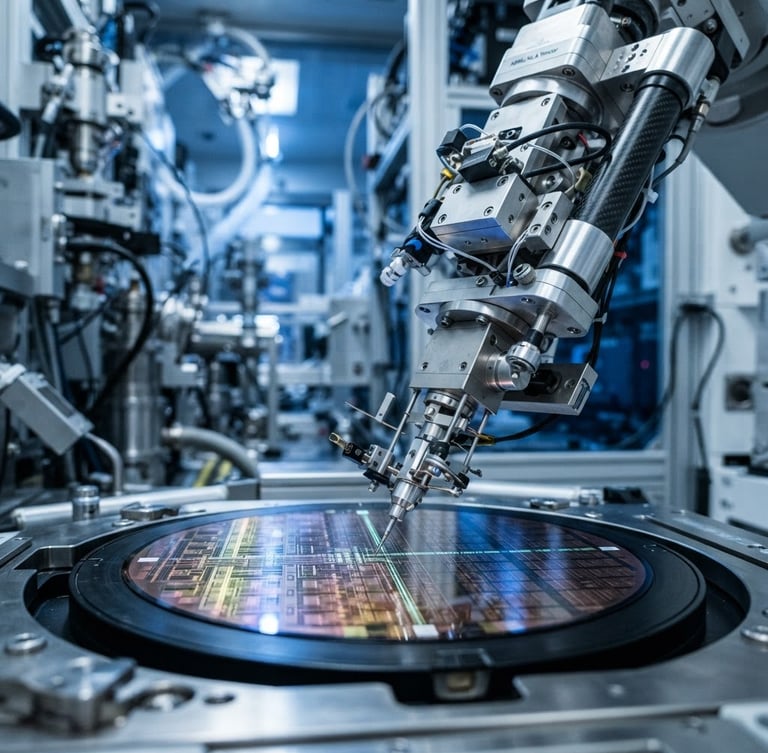 Macro shot of a high-precision robotic arm calibrating a silicon wafer in a cleanroom, cool blue light, sharp metallic details, industrial depth of field