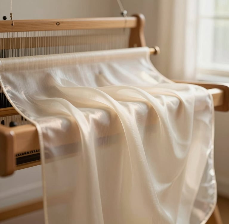 A close-up of elegant cream-colored Organza silk fabric draped over a wooden loom, soft morning light filtering through a window, highlighting the delicate texture