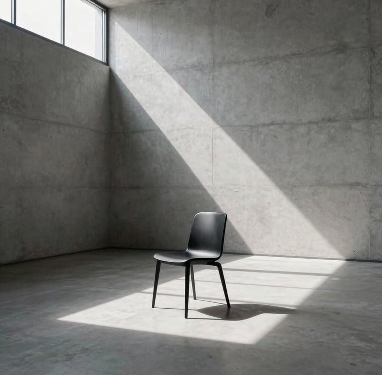 Wide environmental shot of a minimalist concrete interior, a single stark black chair positioned off-center, sharp geometric shadows cast by hard sunlight from a high window, clinical gallery atmosphere.
