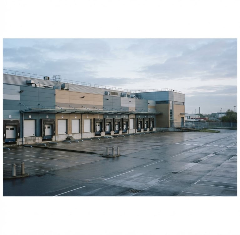 Candid, documentary-style wide view of a modern logistics terminal at overcast dawn, flat metal cladding, low-contrast natural light, no people.