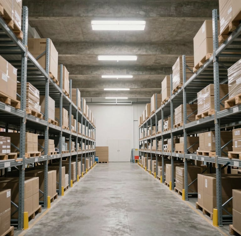 Wide environmental shot of a modern logistics warehouse interior, high concrete ceilings, soft overcast daylight through skylights, organized steel racks.