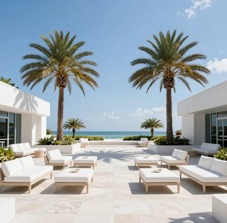 Sophisticated outdoor lounge in Miami, palm trees swaying under bright blue sky, clean modern architectural lines, high-key editorial daylight.