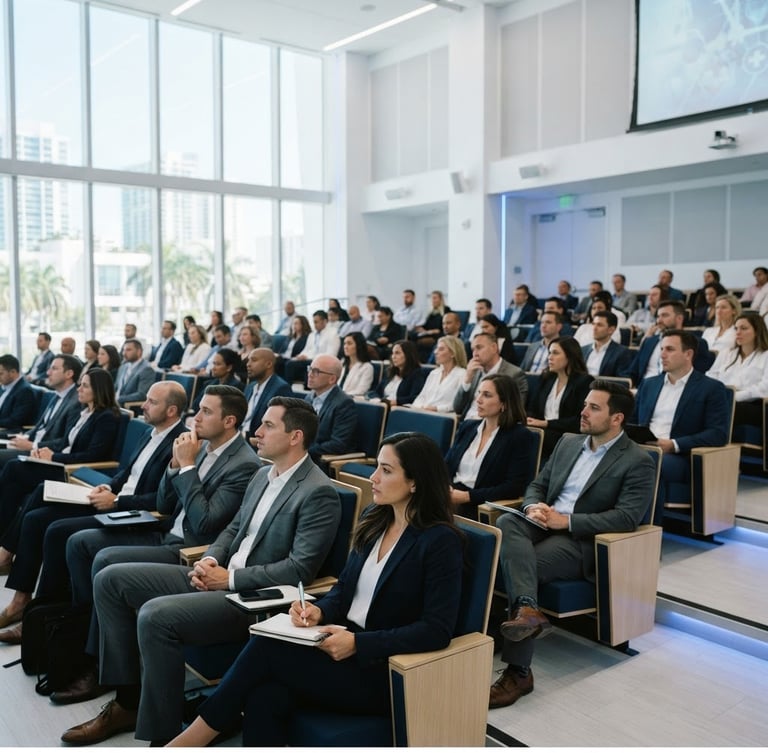 Bright high-key daylight photograph of a modern medical congress hall in Miami, executive audience seated, clean white and blue tones, 35mm.