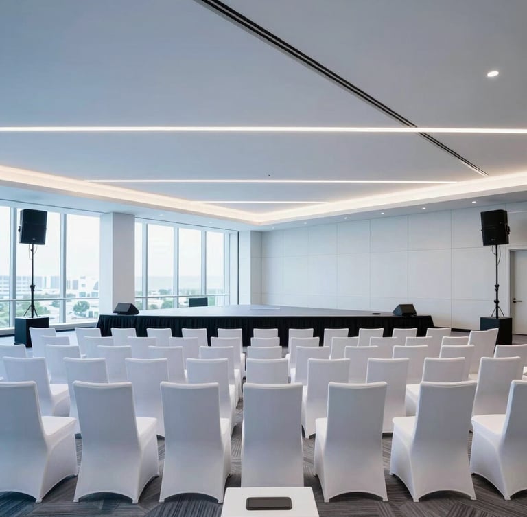Polished modern conference venue in Miami, professional stage lighting, executive seating arrangement, clean minimalist architecture