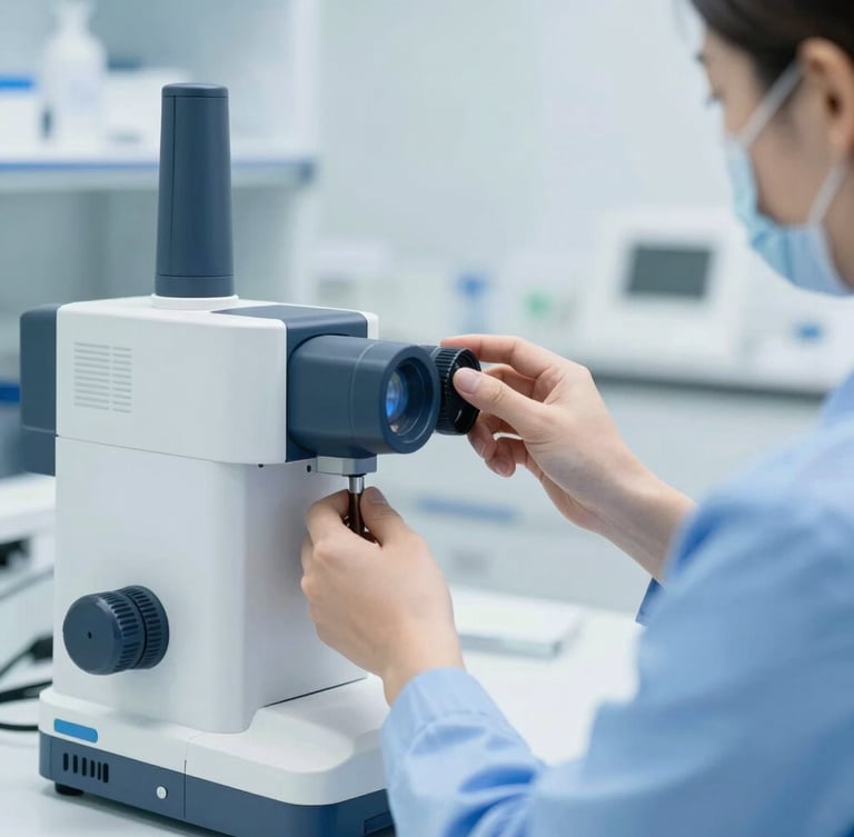 Close-up of a medical professional demonstrating advanced clinical technology in a bright modern laboratory, clean daylight, sophisticated corporate blue tones