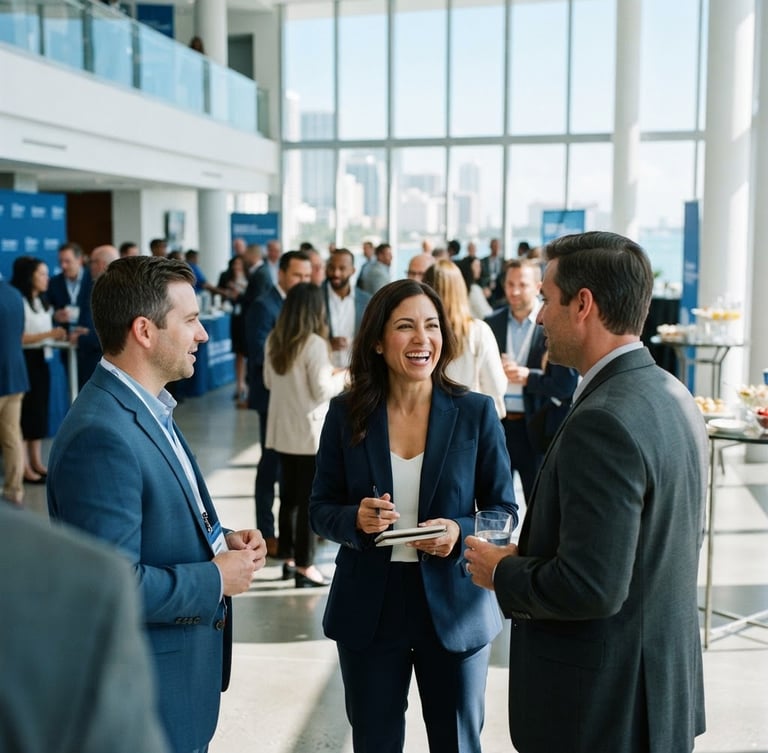 Polished executive networking in a bright, modern Miami conference hall, high-key daylight, corporate blue accents, clean editorial photography, 35mm