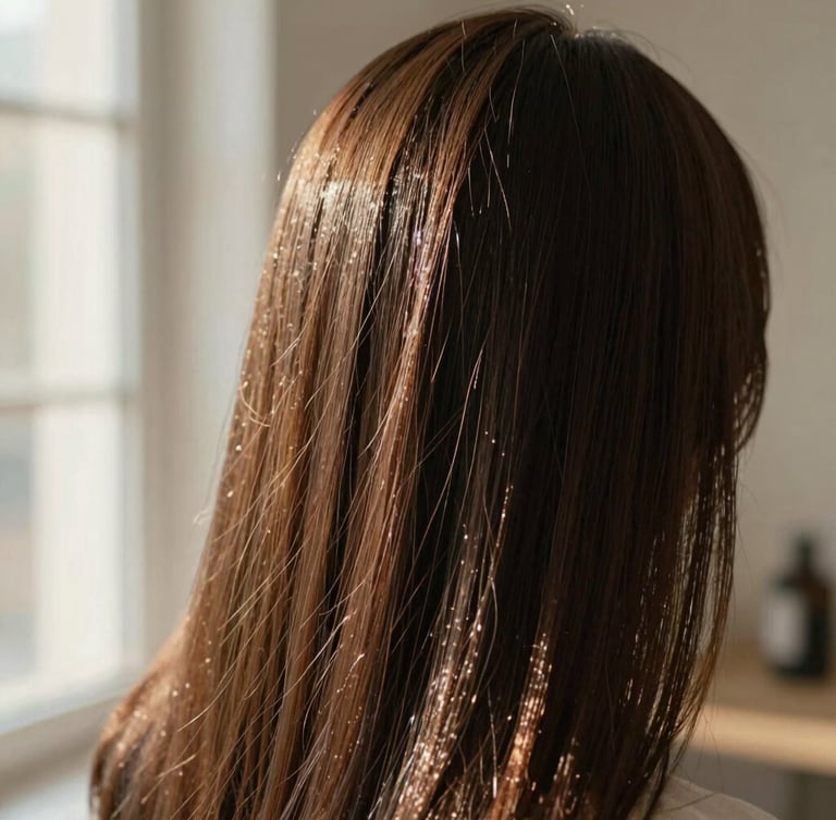 Soft close-up of healthy, glossy hair texture under warm natural window light, elegant and minimalist.