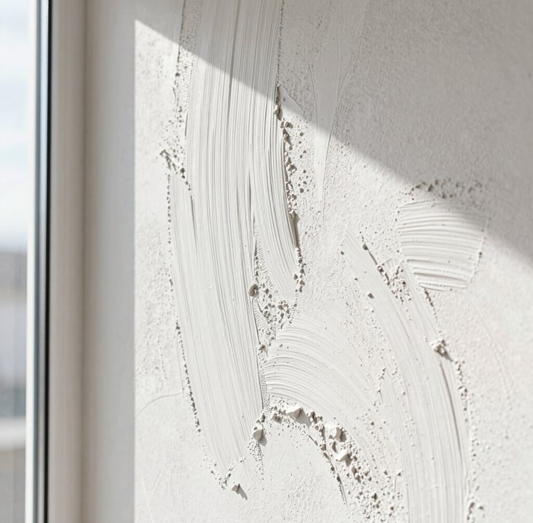Close-up of a decorative microcement wall finish with rich trowel textures, bright side lighting from a nearby window, sharp focus