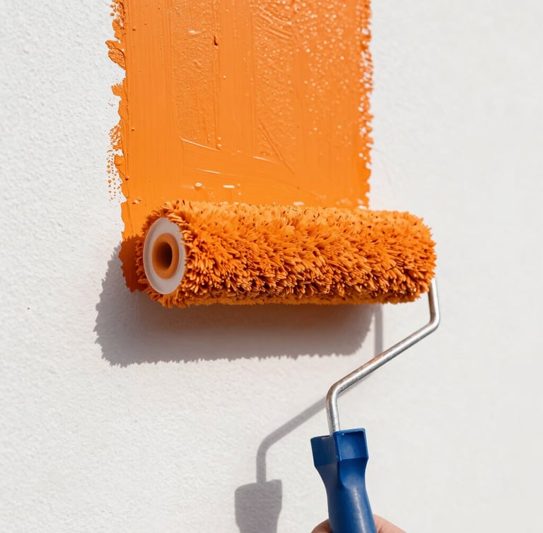 Macro close-up of a paint roller applying vivid orange paint to a stark white wall, leaving a perfectly saturated clean path, bright natural daylight