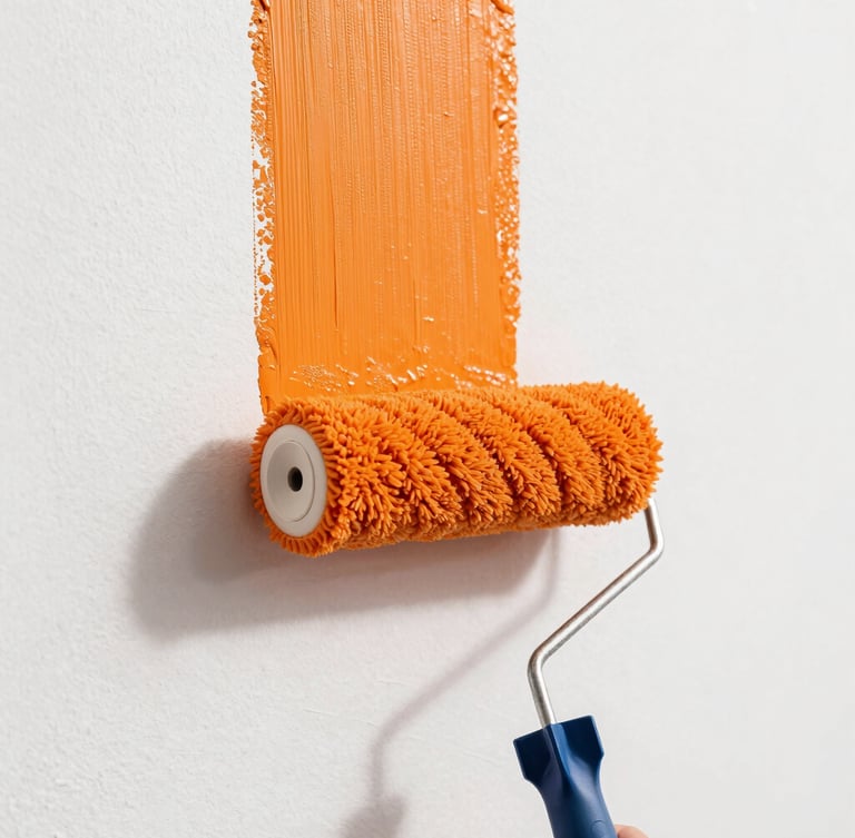 Tight macro shot of a paint roller leaving a saturated path of vivid orange paint on a clean white wall, bright natural daylight, clean sharp focus