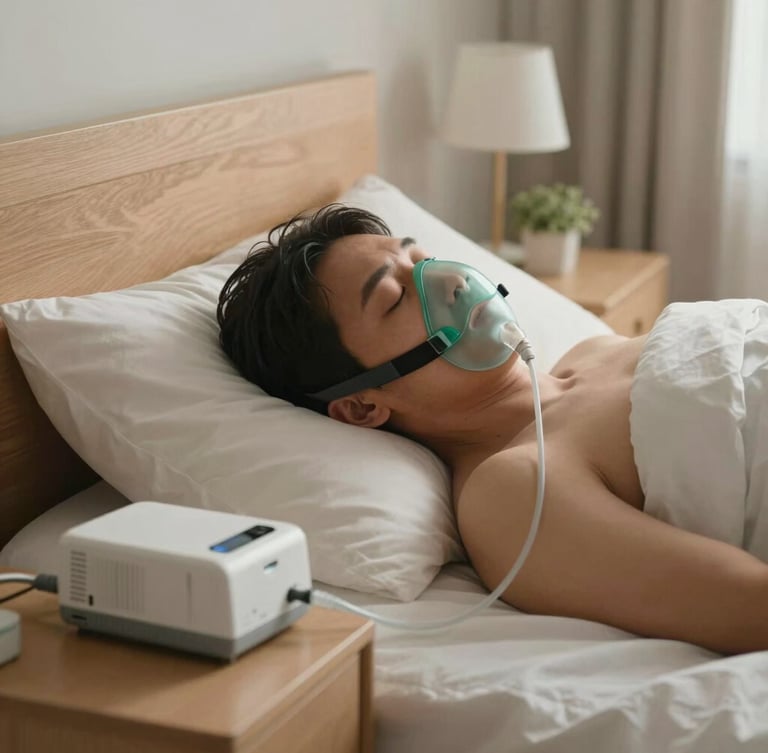 Wide-angle photograph of a patient sleeping peacefully in a soft, morning-lit bedroom, wearing a modern CPAP mask connected to a quiet bedside device, warm natural light, serene composition.