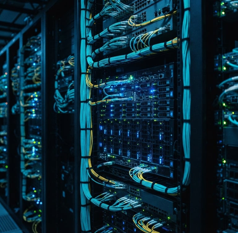 Close-up of high-performance server racks with glowing blue and cyan indicator lights in a dark data center, fiber optic cables neatly bundled, sharp focus, technical atmosphere, editorial technology photography.