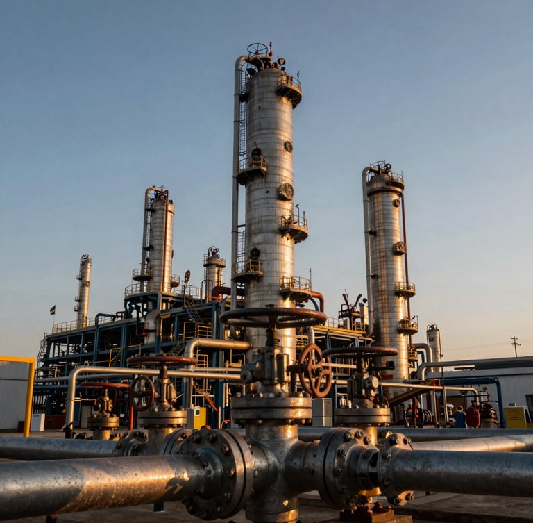 A towering industrial refinery skyline at golden hour, sharp close-up of heavy-duty steel valves and pipelines in the foreground, warm cinematic light.