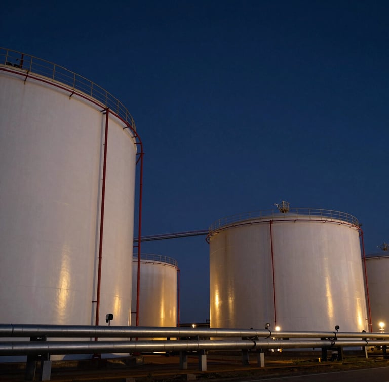 Low-angle dramatic dusk photograph of massive white liquid bulk storage tanks, steel pipelines reflecting golden floodlights, deep navy sky, sharp 35mm focus.