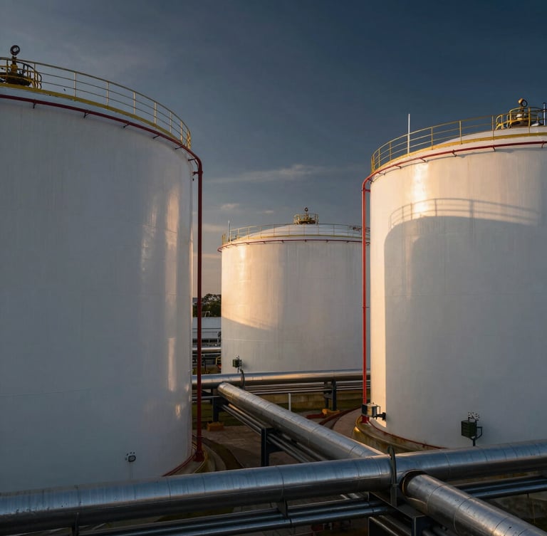 Cinematic wide-angle shot of massive white liquid storage tanks at golden hour, dramatic lighting reflecting off steel pipelines, industrial scale.