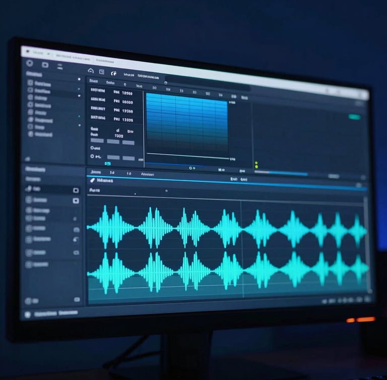 Macro over-the-shoulder shot of a video editing software timeline on a wide monitor, glowing cyan and blue audio waves, dark studio background, sleek technological photography.