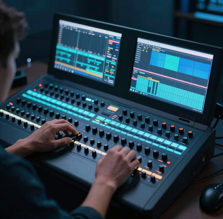 Over-the-shoulder shot of a video editor working on a professional color-grading console, hands adjusting physical dials, glowing cyan and blue reference screens in a dark studio.
