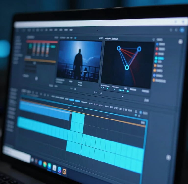 Macro shot of a high-end video editing software timeline on a monitor, glowing blue and cyan interface elements, shallow depth of field, professional post-production environment.