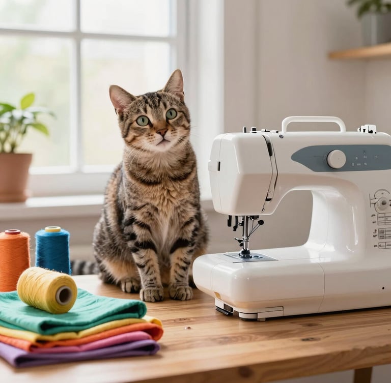 Warm indoor photography, a cozy workshop table with colorful fabrics, threads, and a happy tabby cat sitting next to a sewing machine, looking curious, soft natural window light.