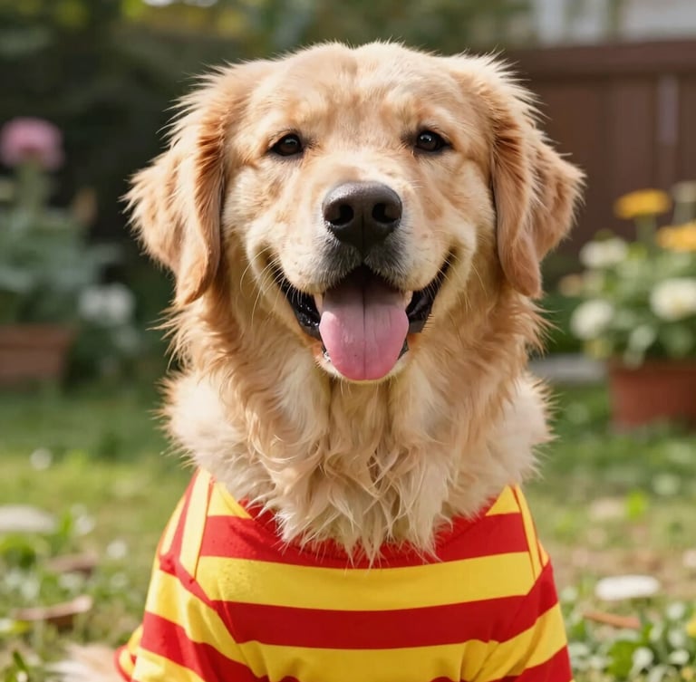 Vibrant pet photography, warm natural daylight, a happy fluffy golden retriever wearing a bright cherry red and sunny yellow striped t-shirt, looking directly at the camera with its tongue out, soft outdoor garden background.