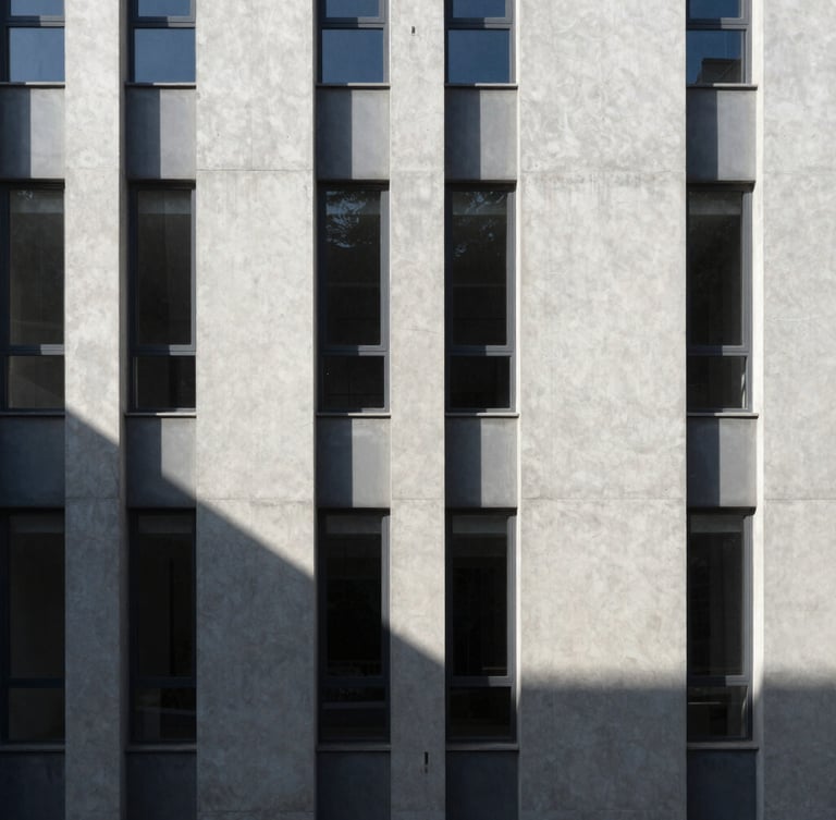 Vertical architectural crop of a minimalist concrete facade under harsh daylight, deep geometric shadows, 35mm lens.