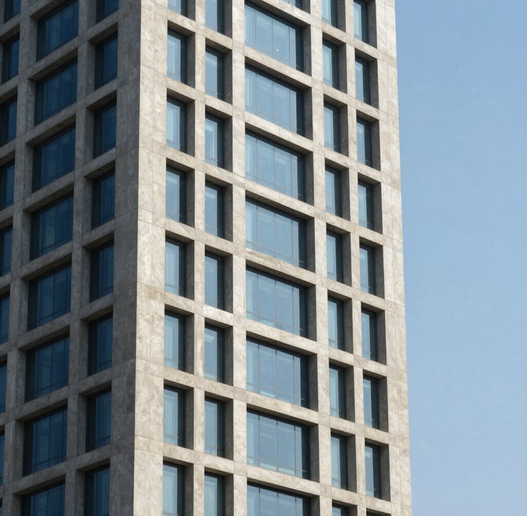 Crisp architectural crop of a modern concrete and glass tower in Islamabad, sharp daylight, deep shadows, 35mm lens