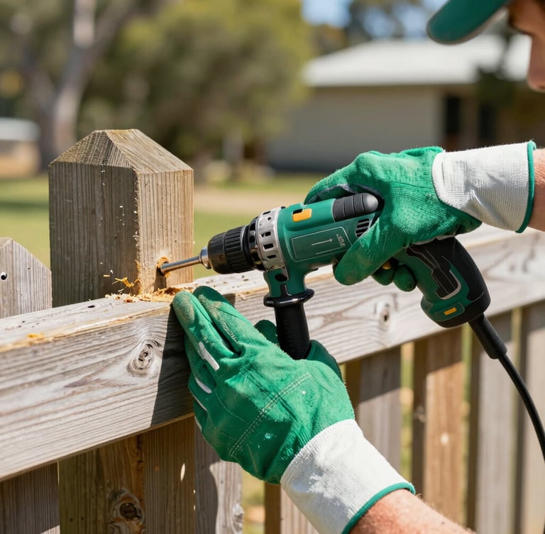 Close-up of a tradesperson's hands, in green work gloves, meticulously repairing a timber fence post with a drill, Goldfields sun, natural shade, clean green and white accents, sharp focus, 35mm