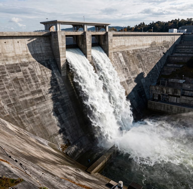 Dramatic aerial drone shot of a massive concrete irrigation dam discharging water, powerful mist, crisp overcast daylight emphasizing the brutalist concrete forms.