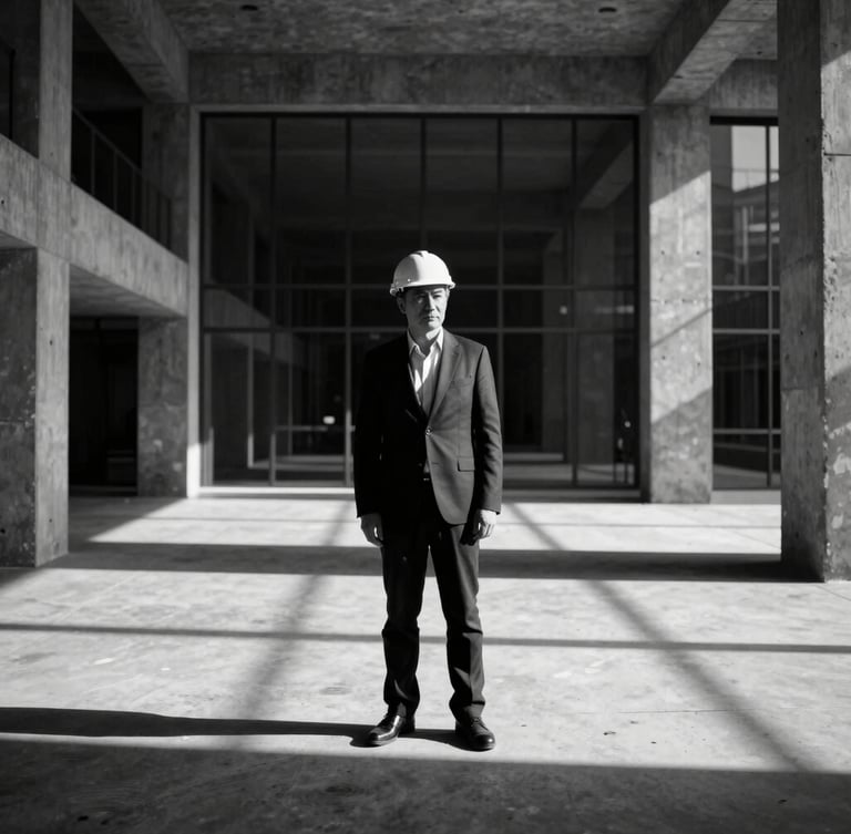 High-contrast black and white executive portrait of a lead structural engineer in a concrete and glass studio, dramatic side lighting, sharp shadows, minimalist background.