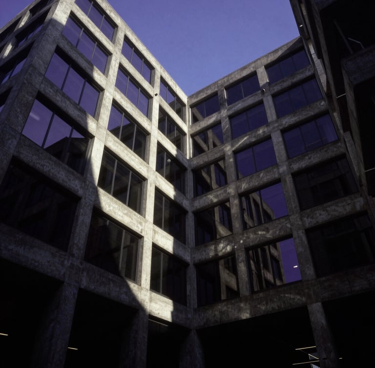 Low-angle dramatic architectural photograph of a brutalist-inspired concrete corporate complex, sharp geometric lines, royal purple sky reflection in glass facade, deep shadows