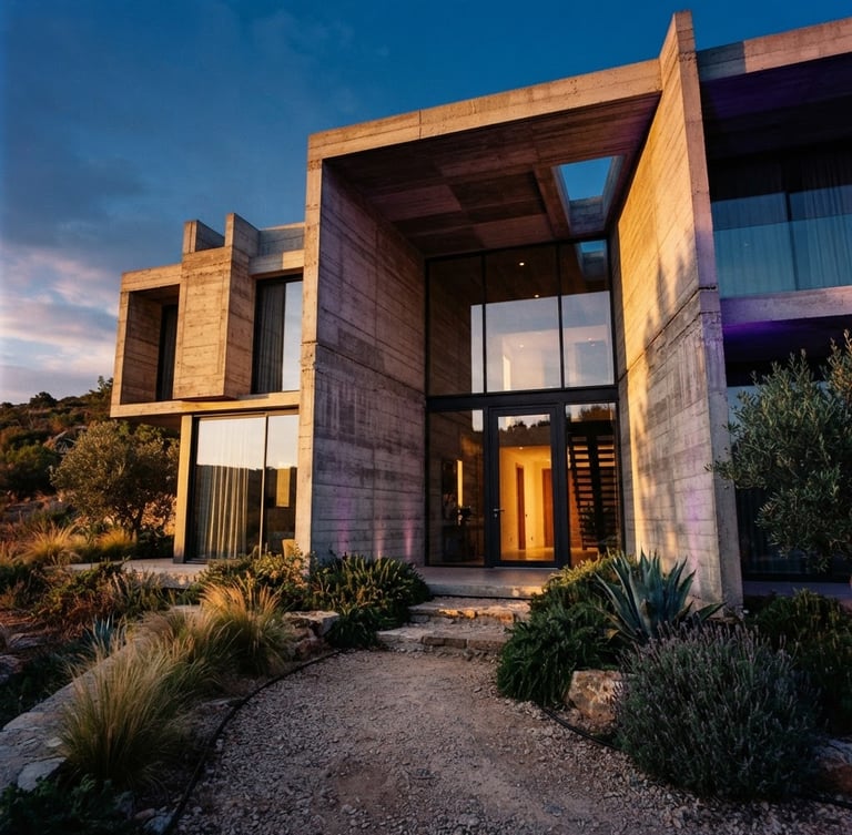 Dramatic low-angle architectural photograph of a modern concrete and glass villa entrance, sharp shadow play from late-afternoon sun, royal purple light accentuating the geometric concrete facade, 35mm film style
