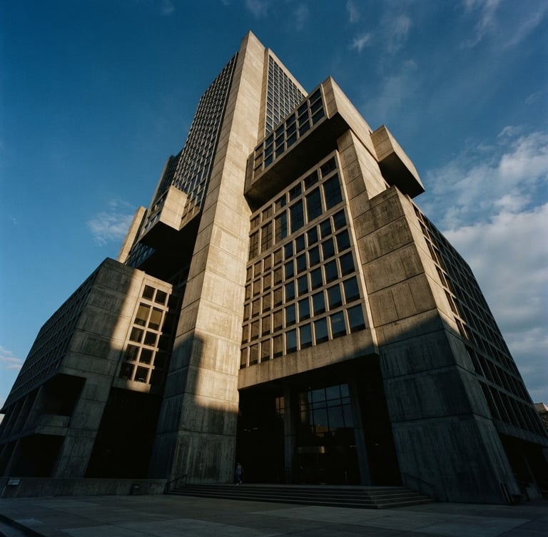 Dramatic low-angle architectural photograph of a modern concrete and glass corporate headquarters, sharp afternoon shadows, minimalist and imposing, 35mm film