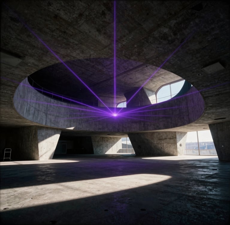 Wide-angle architectural rendering of a modular space habitat interior, sharp technical lines, royal purple laser telemetry overlay, dark concrete textures, high-contrast late-afternoon sunlight casting long shadows, 35mm film