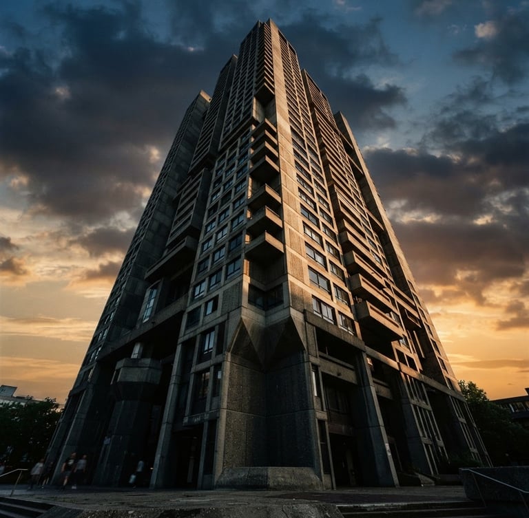 Dramatic low-angle architectural photograph of a towering modern concrete structure against a late-afternoon sky with deep shadows, charcoal and concrete tones, wide-angle lens, 35mm film style