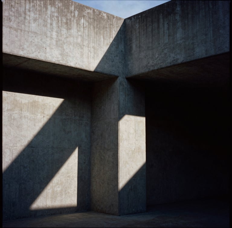 Dramatic close-up of a concrete material junction with sharp architectural shadow play, high-contrast late-afternoon sun, 35mm film style