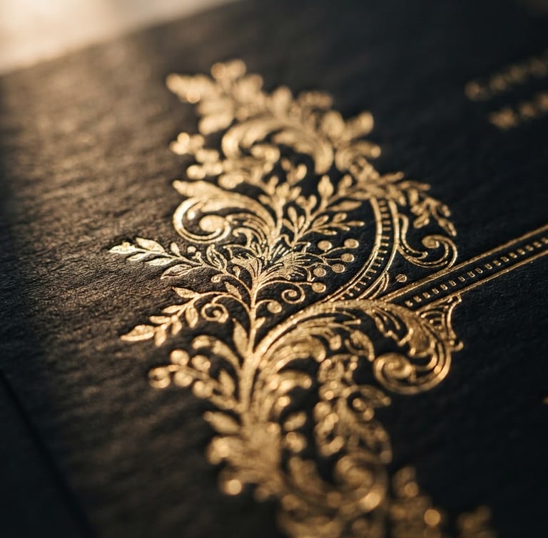 Luxury product photography, warm side-lighting on gold foil wedding invitation, rich black paper texture, shallow depth of field, 35mm