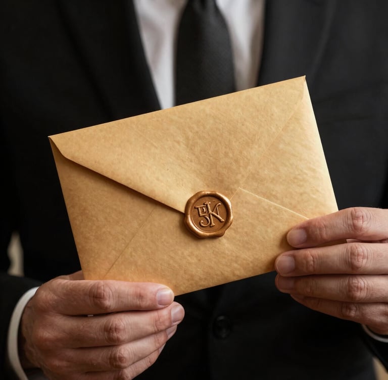 Macro portrait shot of elegant hands holding a gold-foiled wedding invitation envelope, sealed with wax, soft dramatic side-light, luxury studio setting