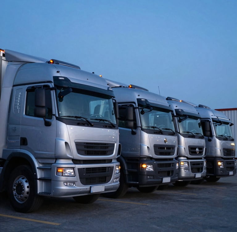 A fleet of silver commercial trucks parked in a neat row at a Cuenca logistics yard during twilight, soft blue ambient light reflecting on metallic surfaces, sharp focus