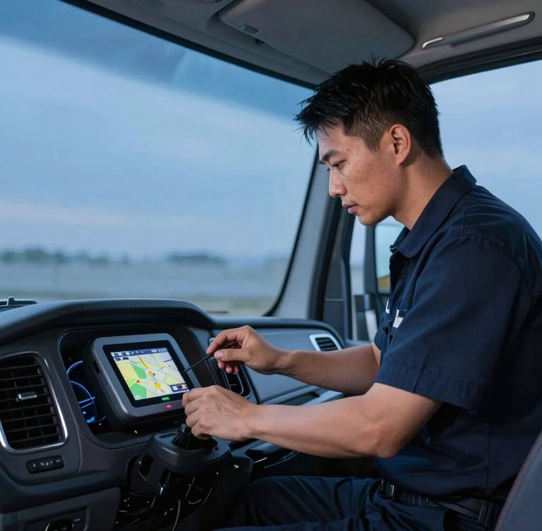 A professional technician in a dark blue uniform installing a compact GPS tracking device under the dashboard of a modern commercial truck, clean vehicle interior, cool twilight lighting, sharp focus