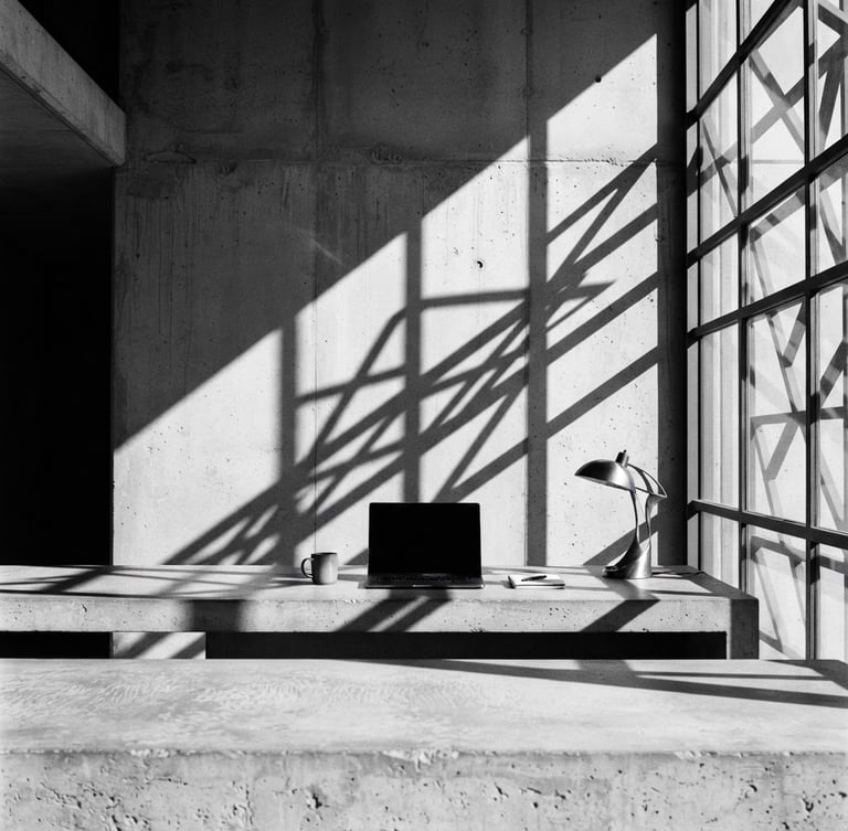 Dramatic high-contrast monochrome architectural shadow casting across a modern concrete workspace, sharp focus, minimal composition, 35mm film grain