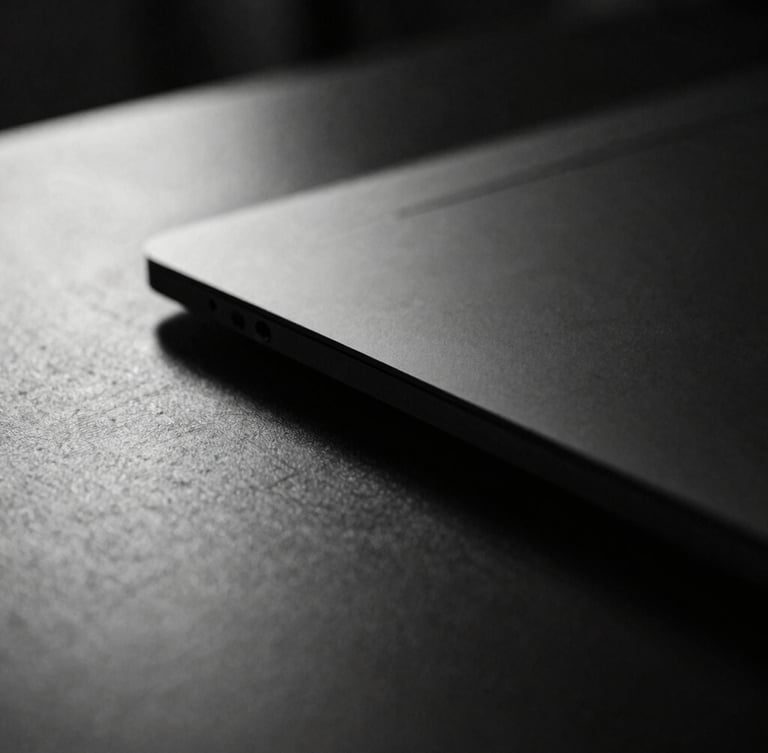 Close-up of sleek hardware on a dark minimalist desk, dramatic key light, high-contrast monochrome, sharp focus