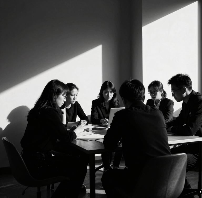 Sharp, candid team collaboration in a high-end monochrome workspace, deep shadows, directional key light