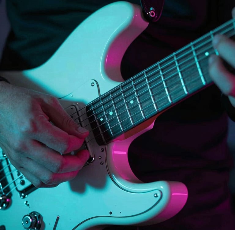 Extreme close-up of a neon-lit electric guitar fretboard, hands executing a fast sweep pick, high-contrast cyan under-glow, 35mm lens