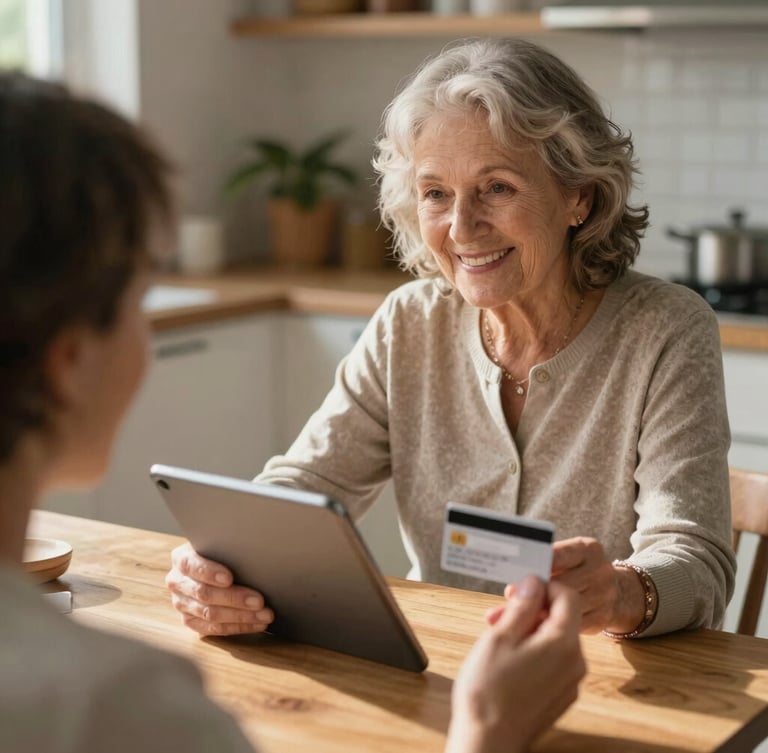 Over-the-shoulder shot of a smiling senior woman using a tablet at a sunlit wooden kitchen table, holding a credit card, warm morning light.