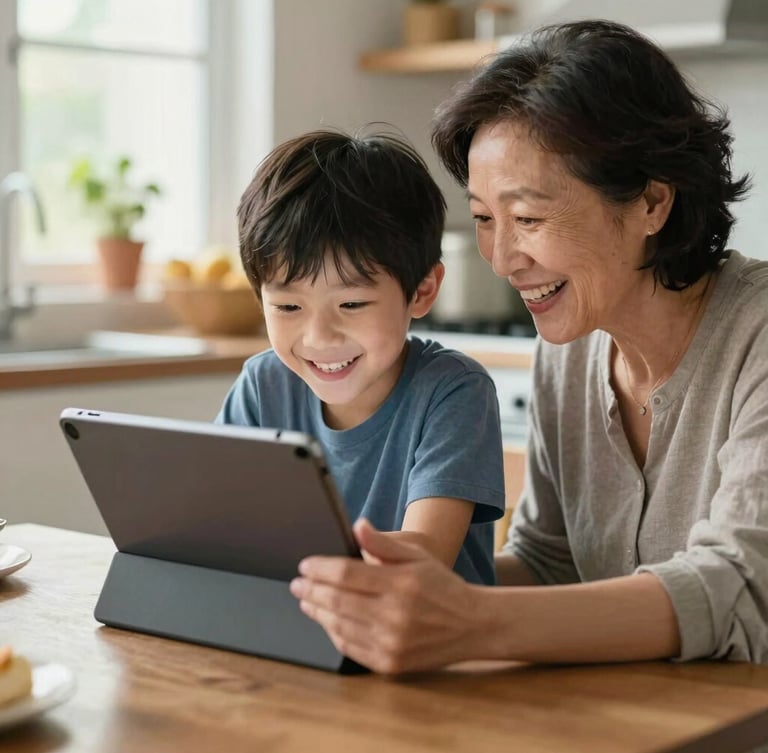 Over-the-shoulder shot of a grandmother and grandson laughing together at a kitchen table, looking at a tablet screen in warm, natural morning daylight.