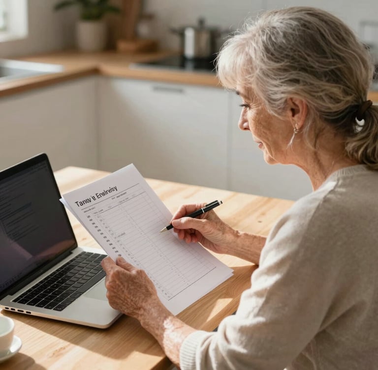An over-the-shoulder shot of a senior woman sitting at a sunlit kitchen table, looking at a printed checklist next to her laptop, warm daylight, relaxed expression.
